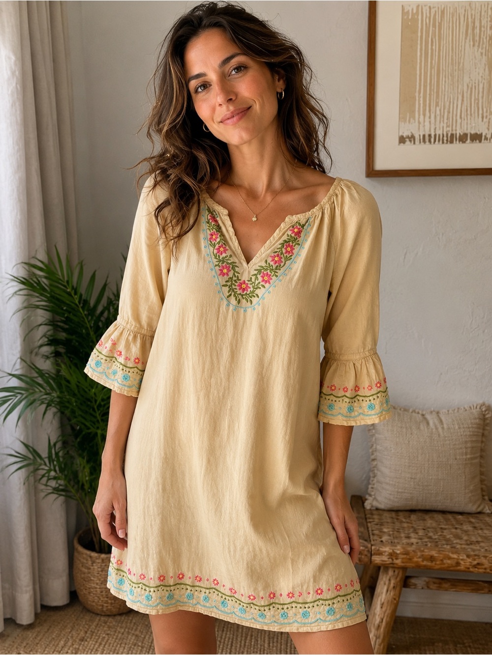 Embroidered V-Neck loungewear mini dress